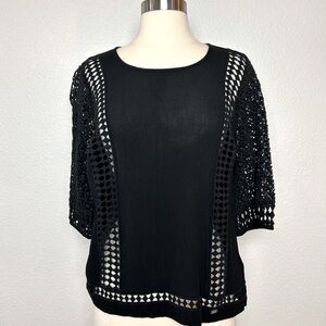 Superdry Black Top Women's Size M Diamond Lace Front Lace Sleeve Key Hole Back